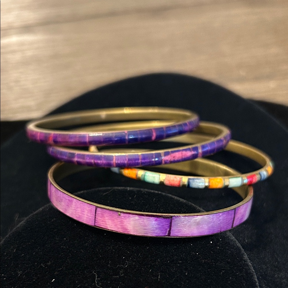 Vintage bangle bracelet set brass inlay coral lapis MOP 4 included EUC
